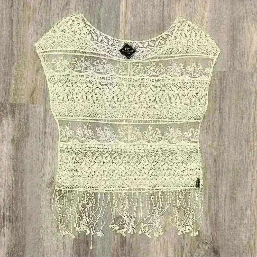 Blanc du Nil Sheer White Crochet Lace Sleeveless Top Swim Cover Up Fringe Size M